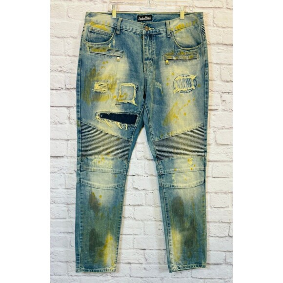 Embellish Mens Jeans‎ 38 x 33 Distressed Destroyed Biker Moto Gold Blue Denim - Picture 12 of 14